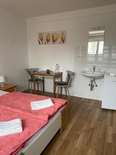 a room with a bed and a sink and a table at Pension Feist Zimmer4 in Dagebüll