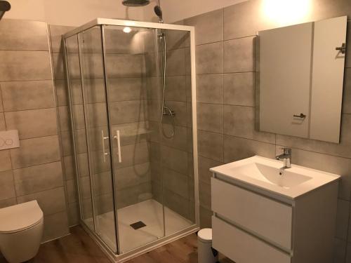 a bathroom with a shower with a toilet and a sink at Résidence Fiori di Cala Rossa in Lecci