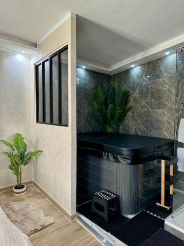 La salle de bains est pourvue d'un lavabo noir et d'une douche. dans l'établissement La maison du Bien être, à Bolbec