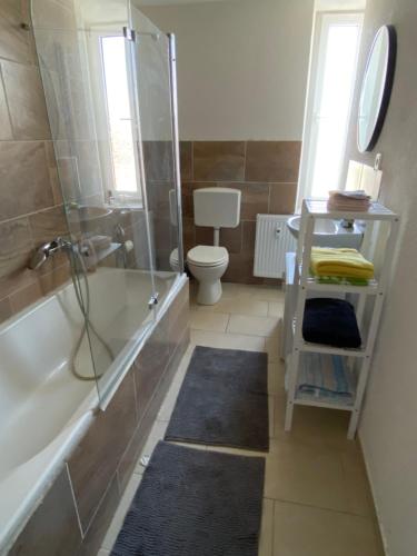 a bathroom with a shower and a toilet and a sink at Monteurwohnung für bis zu 5 Personen in Marpingen