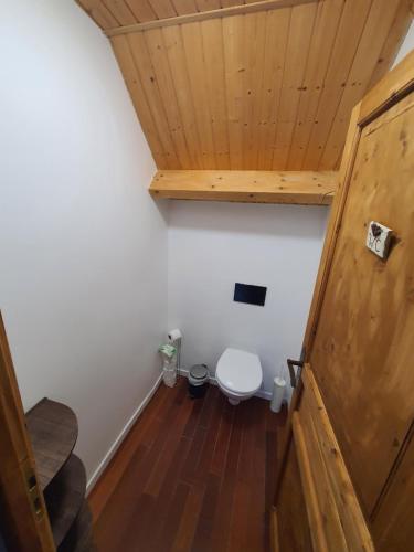 a bathroom with a toilet and a wooden ceiling at La Maison Verte in Clécy