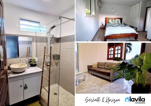 - deux photos d'une salle de bains et d'une chambre dans l'établissement Les Hauts de Devarieux - Sérénité & Horizon, à Garnier