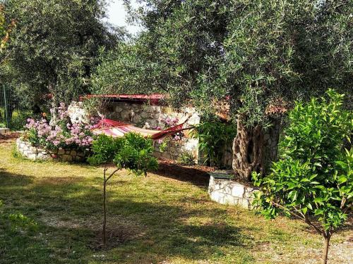 a garden with a stone wall and a tree at Filoxenia - The Place of Experience in Himare