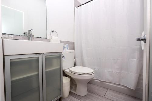 uma casa de banho com um WC, um lavatório e um chuveiro em Charming & Stylish Studio on Beacon Hill #9 em Boston