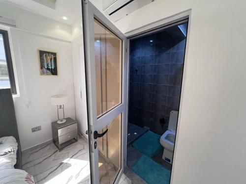 uma casa de banho com um chuveiro e um WC. em Panafest Two Block - 3Fingers em Acra