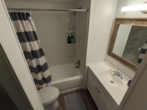 a bathroom with a toilet and a sink and a shower at Woods Bay Get-A-Way in Bigfork