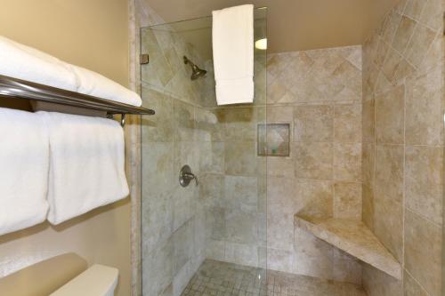 baño con ducha y puerta de cristal en Charming 2 bd Condo at Silverado, en Napa