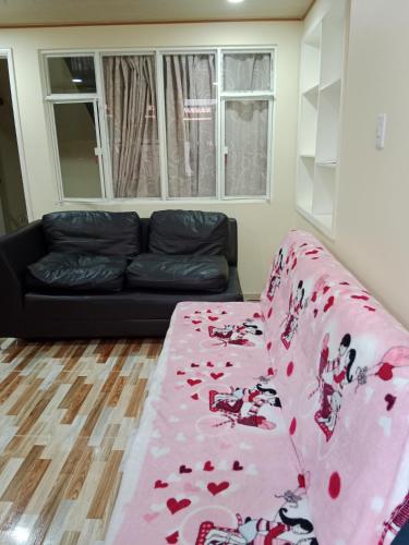 ein Wohnzimmer mit einem Sofa und einer rosa Decke in der Unterkunft aparta estudio cerca al aeropuerto espectacular 2 in Bogotá