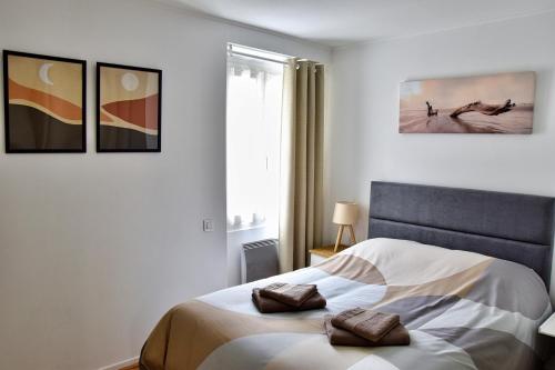une chambre avec un lit avec deux oreillers dessus dans l'établissement Bel appartement au cœur de Nice (2 chambres), à Nice