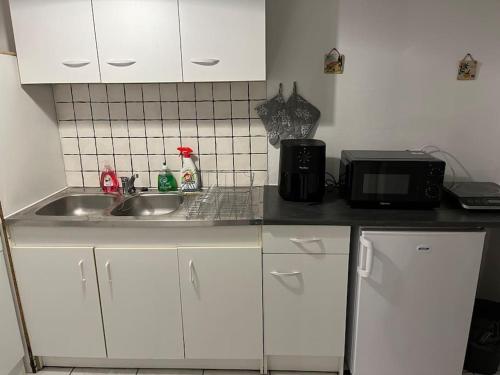 a kitchen counter with a sink and a microwave at Joli Appartement centre Nevers in Nevers