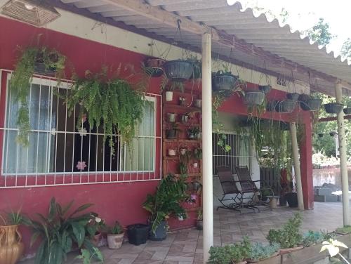 une maison rouge avec des plantes sur son côté dans l'établissement Pousada Maria Rosa, à Blumenau