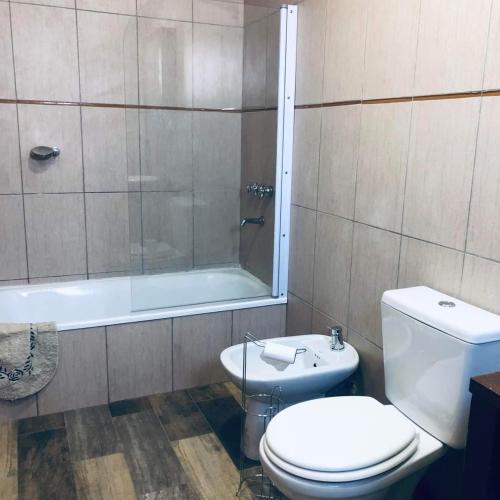 a bathroom with a toilet and a shower and a sink at Sur Bonito in Río Grande