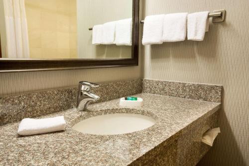 Drury Inn & Suites Columbus Grove City في غروف سيتي: حمام مع حوض ومرآة