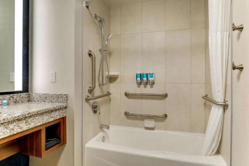 a bathroom with a shower and a tub and a sink at Drury Plaza Hotel Tallahassee in Tallahassee
