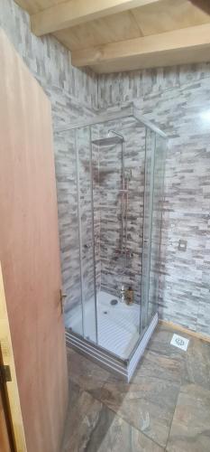 a shower in a room with a stone wall at Departamento Los Leones en Villa O'higgins con WIFI in Villa O'Higgins