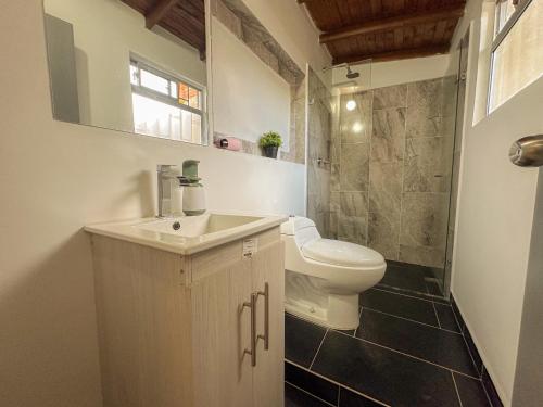 a bathroom with a toilet and a sink and a shower at Casa encanto, Apartamento - Habitaciones, Laureles-América in Medellín