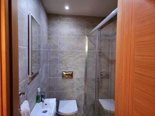 a bathroom with a shower and a toilet and a sink at TAKSiM PERFECT RESiDENCE, 3 BEDROOMS, 140 M2, POOL GYM SAUNA ACCESS in Istanbul