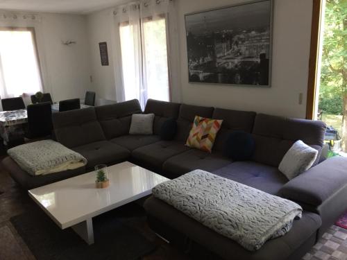 a living room with a couch and a coffee table at Belle Maison proche Disneyland in Montévrain