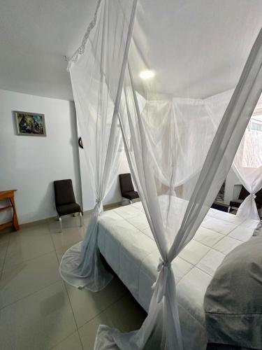 a bedroom with a bed with a mosquito net at Huerta Don Felipe in Irimbo
