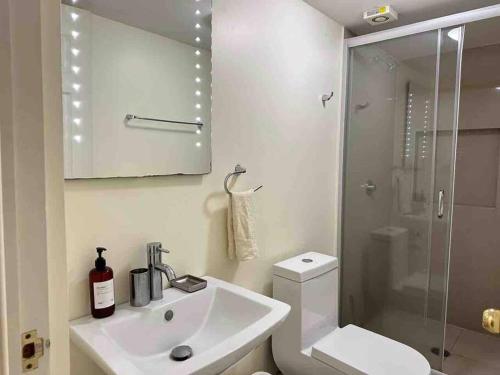 ein Bad mit einem Waschbecken, einem WC und einer Dusche in der Unterkunft Apartamento cerca autódromo in Mexiko-Stadt