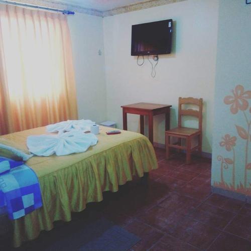 a bedroom with a bed and a chair and a television at Hotel Bethania in Oruro