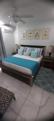 um quarto com uma cama com lençóis e almofadas azuis em Cozyhideaway em Providenciales