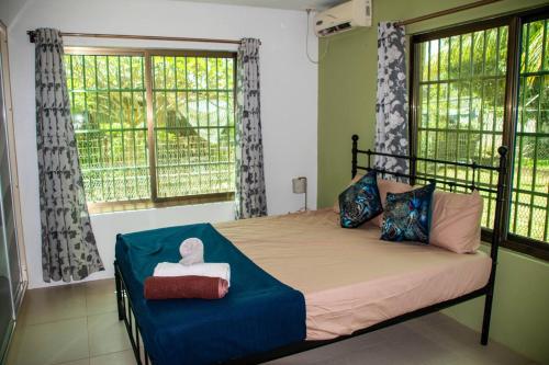 a bedroom with a bed with blue sheets and windows at Family Homestay in Nadi