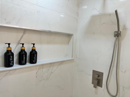 Baño con 3 botellas negras en un estante en Getaway / Privacy Suite B, en Lutz