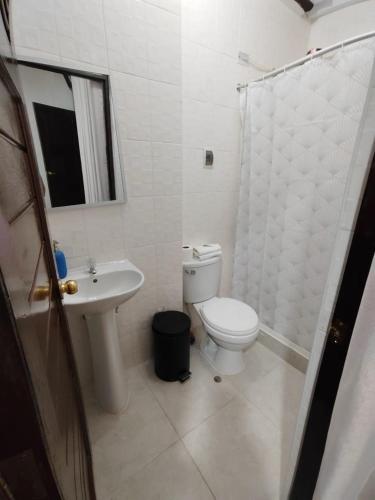 奧蘭太坦波的住宿－CASA DE MELISSA，浴室配有卫生间、盥洗盆和淋浴。
