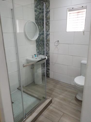 a bathroom with a shower with a sink and a toilet at South Gate Country Lodge in Polokwane