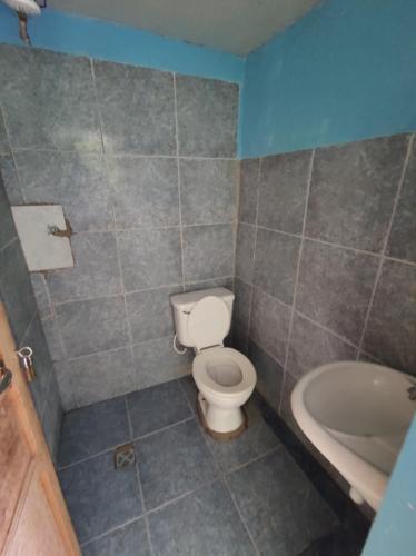 a bathroom with a toilet and a sink and a tub at Hostal Isla del Sol in Comunidad Yumani