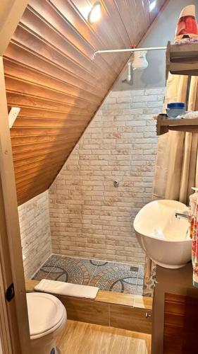 a small bathroom with a sink and a toilet at Cabaña María in Siguatepeque