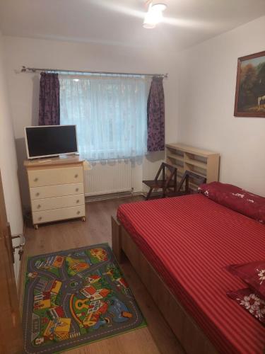 a bedroom with a bed and a dresser and a television at Apartament Georgian in Băile Tuşnad