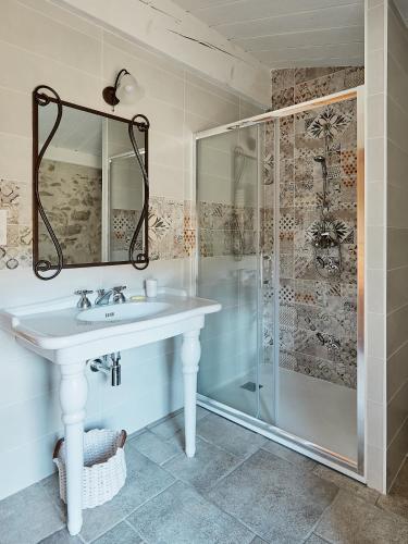 une salle de bain avec un lavabo et une douche dans l'établissement Domaine de Roquenégade - Piscine, sauna et bain nordique, à Pradelles-en-Val