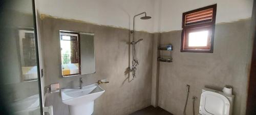 a bathroom with a sink and a toilet and a window at Ivory Villa in Ahangama