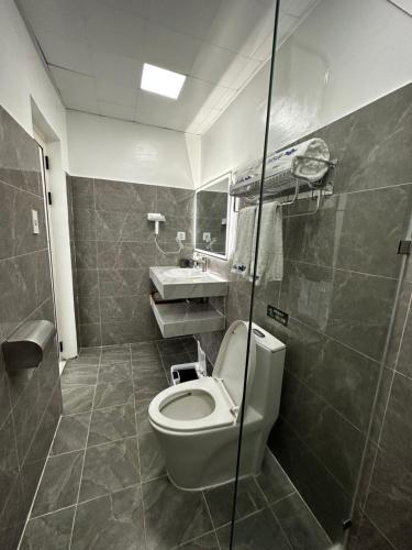 a bathroom with a toilet and a sink at Luckytito Anilao Resort in Mabini