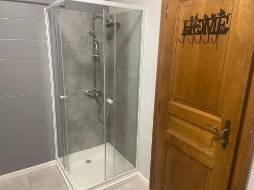 a shower in a bathroom with a glass door at Appartement 50M² in Seltz
