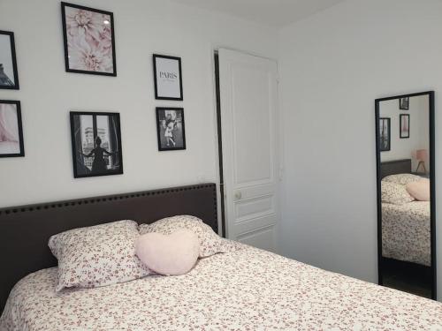- une chambre avec un lit doté d'un oreiller et de miroirs roses dans l'établissement Bel appartement avec patio, à Villejuif