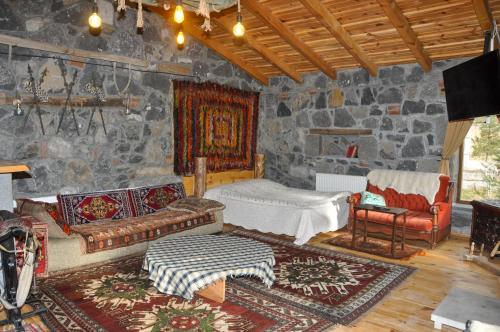 a living room with a stone wall at Doğunun Taş Evleri in Selim