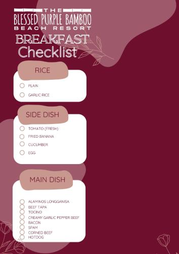 Captura de pantalla de un teléfono móvil con una lista de comprobación del desayuno hamburgerurger en The Blessed Purple Bamboo Beach Resort, en Alaminos