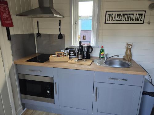 a kitchen with a sink and a counter top at Shepherds Hut - Riverside 1 in Welshpool