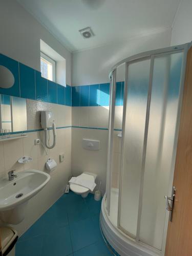 een badkamer met een douche, een toilet en een wastafel bij Hotel Pod Zámkem in Boskovice