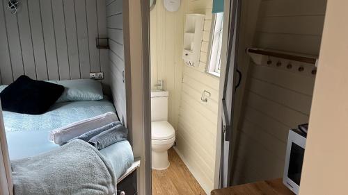 a small bathroom with a bed and a toilet at Shepherds Hut - Riverside 2 in Welshpool