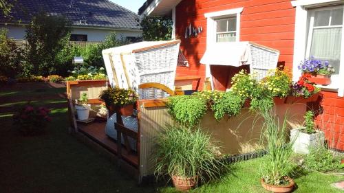 ein Garten mit Topfpflanzen an der Seite eines Hauses in der Unterkunft Ferienwohnung im Schwedenhaus in Ueckermünde