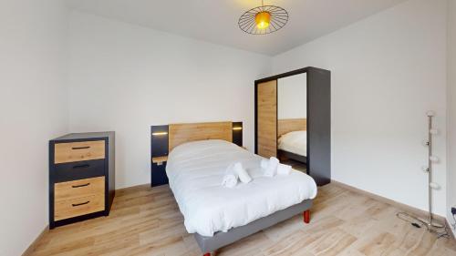 1 dormitorio con cama y espejo grande en Le Duplex Forêt Noire, en Illkirch-Graffenstaden