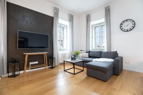 a living room with a couch and a tv at U Zlaté hvězdy Kalich in Litoměřice
