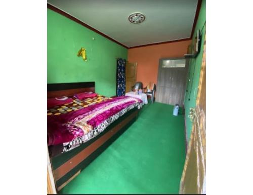 a bedroom with a bed and green walls at Nk Brothers Homestay, Joshimath in Joshīmath