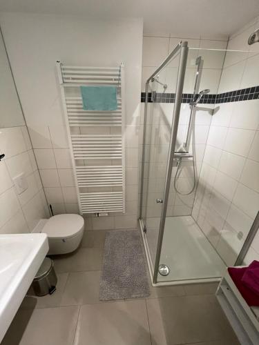 ein Bad mit einer Dusche, einem WC und einem Waschbecken in der Unterkunft F & W Apartment in Erfurt