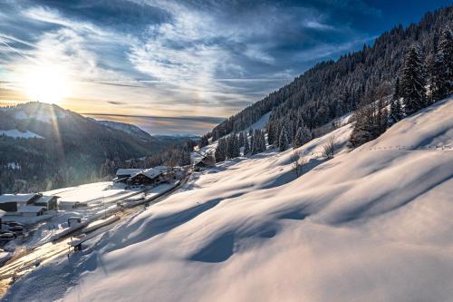 a snow covered mountain with the sun in the background at Torghele's Wald & Fluh in Balderschwang