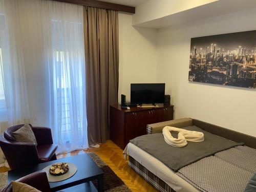 Habitación de hotel con cama, sofá y TV en Dini apartments, en Novi Sad